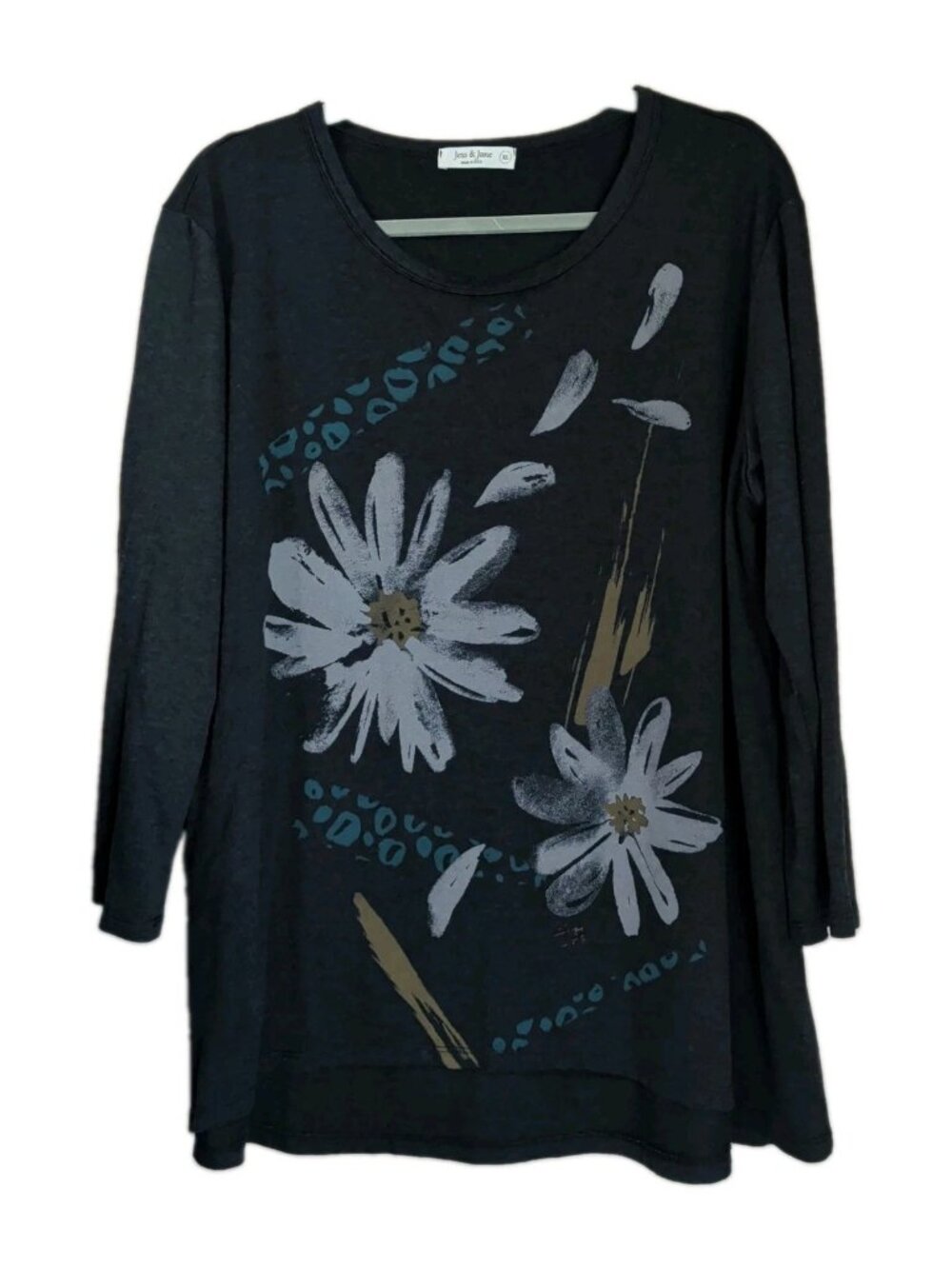 Jess & Jane Tunic Top Women's Sz XL Black Floral Daisy Lagenlook Artsy Botanical